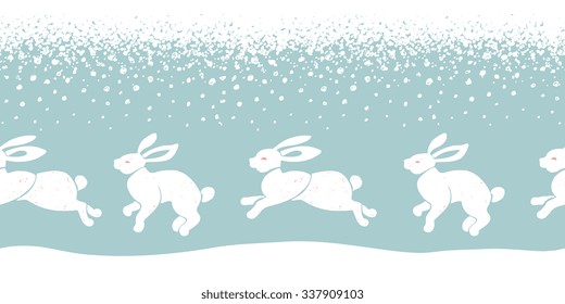 Running hares seamless ornament - a vector illustration of white hares running in the snow. Can be used as a seamless border, and also as a seamless pattern to fill the space.