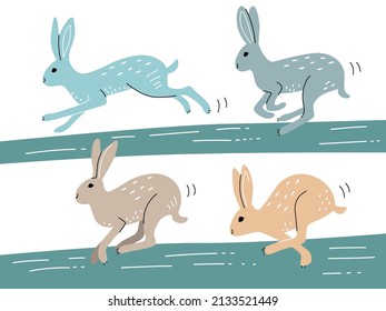 Running hares, set. Vector illustration in trendy flat style. Single isolated decor elements. Vector EPS clip art design.