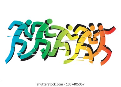 Running for health, running race.
Abstract Stylized illustration of five runners with colorful gradient symbolizing vitality and  healthy lifestyle. Vector available.