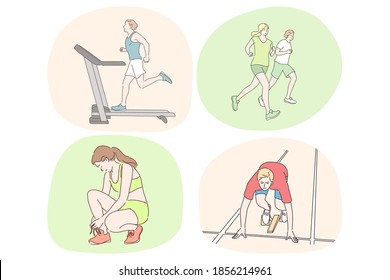 Running, healthy active lifestyle, sport, athletics, workout concept. Young sportsmen cartoon characters practicing running and jogging training on treadmill in gym and outdoors in park 