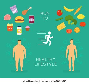Running to Healthy Lifestyle Flat Vector Card or Infographic Elements With Food Icons