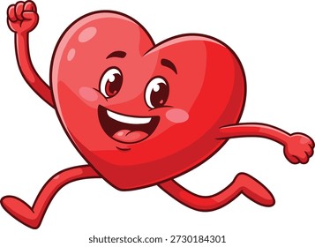 Corriendo carácter del corazón con la cara sonriente, ojos expresivos, pose dinámica, energía alegre, estilo de vida saludable, mascota de la aptitud