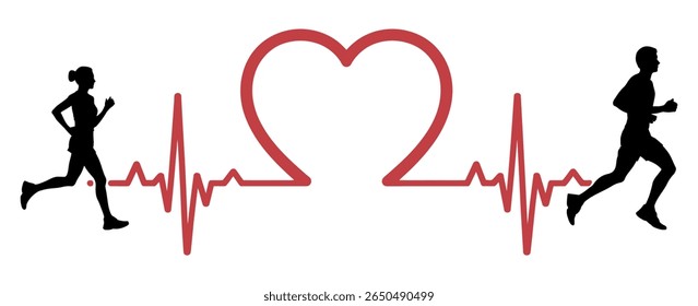 Running, Heart, Healthy Heart. Medical and Health Care Vector Design Templates. Healthy Heart People Running with a Cardiogram. running, cardio, exercise, healthy heart, fitness, wellness, woman, man,