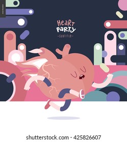 Running heart on colorful abstract landscape illustration vector banner - rounded colorful shapes abstract scenery on dark background and a heart wearing a training suit running outside