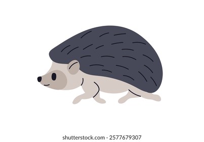 Running hedgehog in profile. Cute spiky forest animal rushing, racing at fast speed. Funny wild character, small mammal with spikes. Flat graphic vector illustration isolated on white background