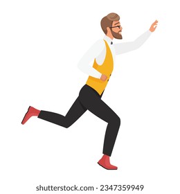 Running hipster man. Stylish hipster boy in a hurry, cool man in classic outfit vector cartoon illustration