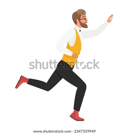 Running hipster man. Stylish hipster boy in a hurry, cool man in classic outfit vector cartoon illustration