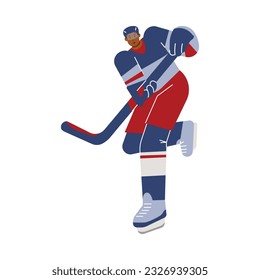 Running hockey player with stick flat style, vector illustration isolated on white background. Man on skates and in protective helmet, uniform for ice sport game, decorative design element