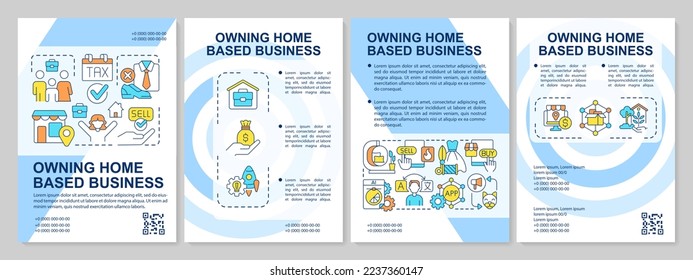 Ejecución de la plantilla de folleto azul empresarial basada en el hogar. Trabajo remoto. Diseño del prospecto con iconos lineales. Editable 4 diseños vectoriales para presentación, informes anuales. Fuentes ariales, infinitas Pro-regulares usadas