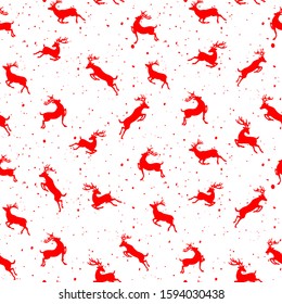 Running horned deer. Seamless pattern with red silhouette of animals and paint splashes.