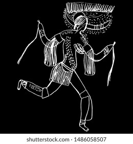 Running horned woman or goddess from Tassili n’Ajjer. Rock painting from Sahara desert in Africa. Hand drawn sketch. White silhouette on black background. Isolated vector illustration.