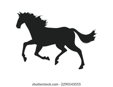 Running horse black silhouette, flat vector illustration isolated on white background. Wild horse running, animal icon. Concepts of racing and kids education.