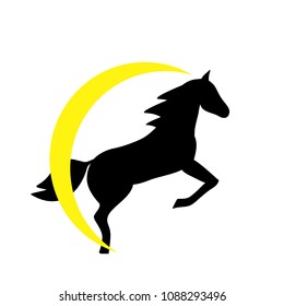 Running horse black silhouette - stand up on its hind legs. Horse logo withwith yellow halo - vector illustration