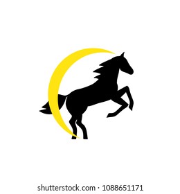 Running horse black silhouette - stand up on its hind legs. Horse logo withwith yellow halo - vector illustration