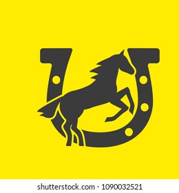 Running horse black silhouette - stand up on its hind legs with horseshoe. Horse logo - vector illustration