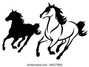 running horse black and white outline and silhouette