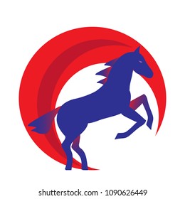 Running horse blue silhouette - stand up on its hind legs. Horse logo withwith red halo - vector illustration