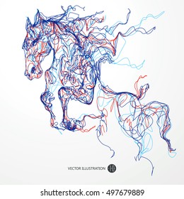 Running horse, colored lines drawing, vector illustration.