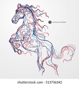 Running horse, colored lines drawing, vector illustration.