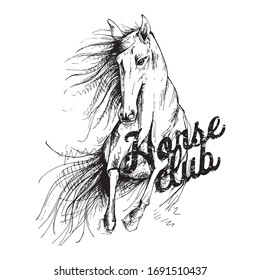 Running Horse. Creative poster, t-shirt composition, hand drawn style print. Vector black and white illustration.