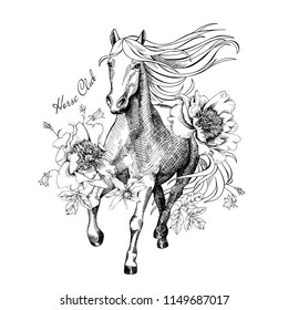 Running Horse with a exotic flowers and leaves. Horse club - lettering quote. Poster, t-shirt composition, handmade print. Vector black and white illustration.