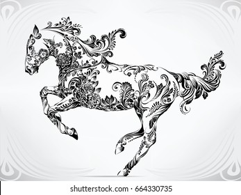 Running horse in floral ornament