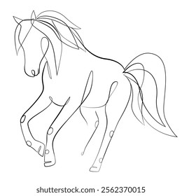 A running horse with a flowing mane one line drawing on white isolated background