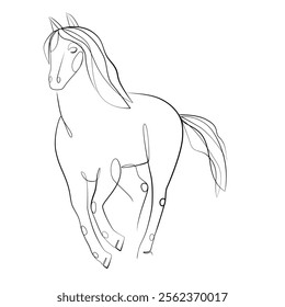 A running horse with a flowing mane one line drawing on white isolated background