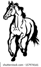 running horse front view, black and white illustration