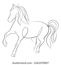 Running horse in full growth one line drawing on white isolated background