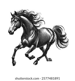 Running horse, gallop, retro halftone photocopy style, stipple effect illustration