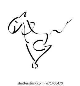 Running horse. Hand drawn. Lines calligraphy. Vector illustration. Isolated. White background.
