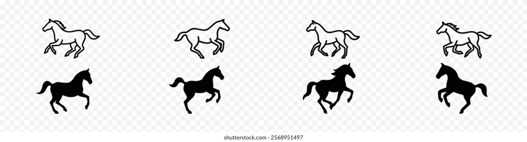 Running Horse icon, Silhouettes of a running horse, Hand drawn black icon of wild horse, set of silhouettes of running horse