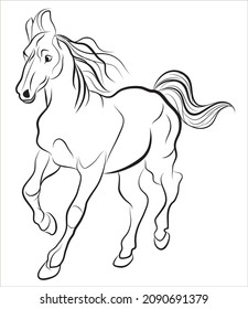 Running horse illustration, Vector drawing of a stallion, Line art of a domestic animal
