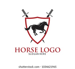 running horse inside shield badge with sword vector logo design template