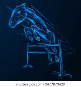 Running horse jumps over an obstacle. Polygonal design of interconnected lines and dots. Blue background.