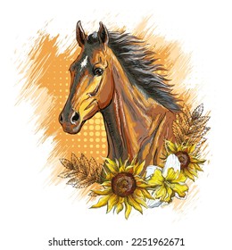 Running horse with long mane , sunflowers and leaves. Hand drawn style. Vector illustration isolated on white background. For t-shirt composition, print, design, sticker, sublimation, and decor