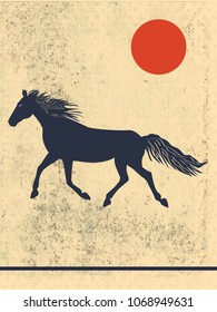 Running horse on abstract, grunge, spotted, old background - vector art illustration