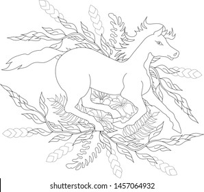Running horse, on the background of floral ornament. Zenart. Anti stress coloring.