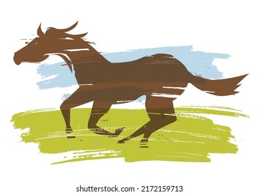 Running horse on a meadow. Colorful expressive stylized illustration of running horse on brush stroke background. Vector available.