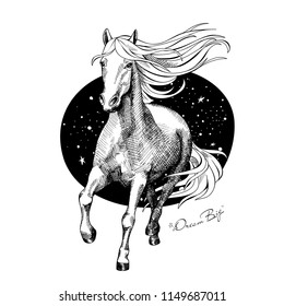 Running Horse on a night starry background. Dream big - lettering quote. Poster, t-shirt composition, handmade print. Vector black and white illustration.