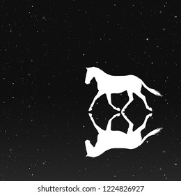 Running horse in park at night. Vector illustration with silhouette of beautiful running animal reflected in water under starry sky. Inverted black and white