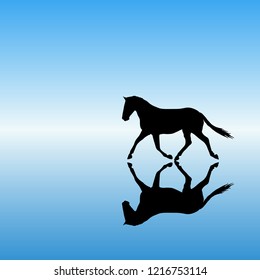 Running horse in park. Vector illustration with silhouette of beautiful running animal reflected in water. Blue pastel background