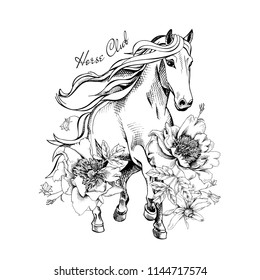 Running Horse with a peony flowers and leaves. Horse club - lettering quote. Poster, t-shirt composition, handmade print. Vector black and white illustration.