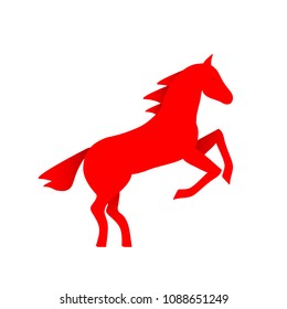 Running horse red silhouette - stand up on its hind legs. Horse logo - vector illustration