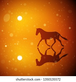 Running horse at red sunset. Vector conceptual illustration with silhouette of beautiful animal reflected in water in park. Summer bright landscape with setting sun and flying fluff