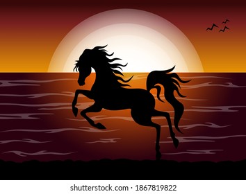 Running horse shape on sunset sea beach isolated icon. Vector illustration.