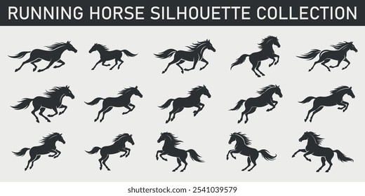 running horse silhouette collection with various galloping and jumping horse poses