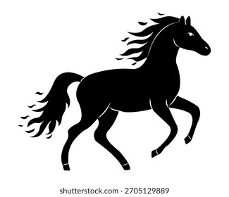 Silhueta de cavalo correndo em pose dinâmica com crina e cauda fluindo durante um dia claro