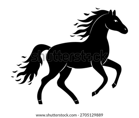 Running horse silhouette in dynamic pose with flowing mane and tail during a clear day